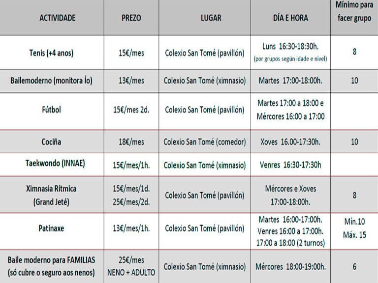 Horarios actividades